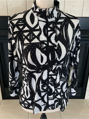 NWT Erin London, Bold Black/White Geometric Abstract Print, Full Front Zip, Sz M